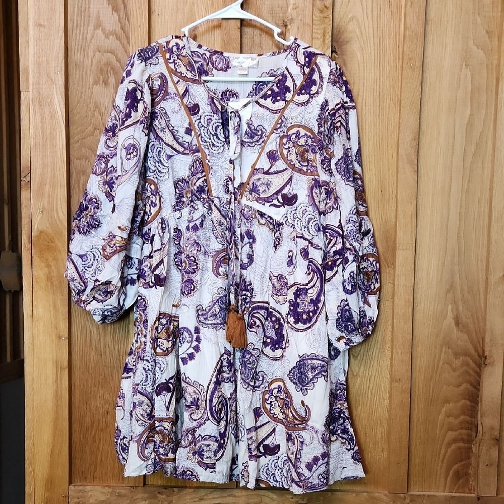 BOG Paisley Flowy Bohemian 3/4 Sleeve Peasant Mini Dress, Medium, Purple Cream
